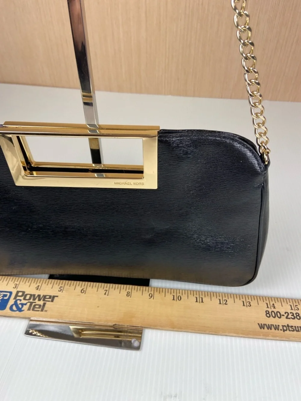 Michael Kors Black Leather Frame Clutch Gold Bar Handle Evening Bag Chain Strap